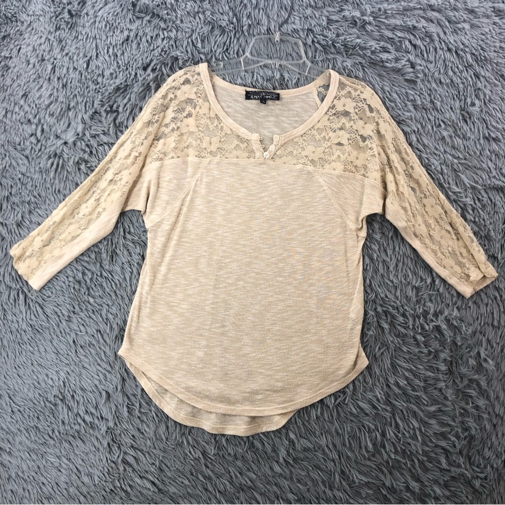 Almost Famous Top Womens Medium Lace Accent Soft Beige Shirt